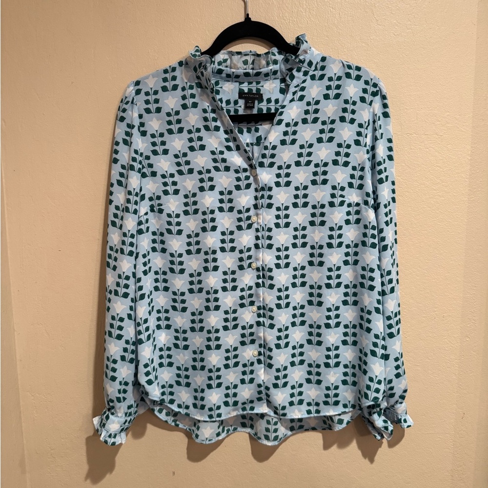 Ann Taylor Teal Floral Button Down Shirt with ruffled collar and sleeve detail